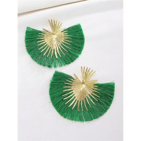 WOMEN'S Green Tassel Stud Statement Earrings - Picture 4 of 6